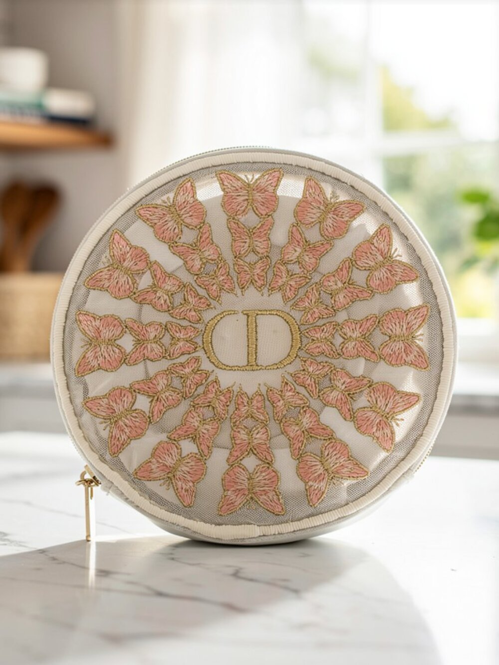 Dior Butterfly Embroidered Round Pouch Bag Charm w/ Lipstick